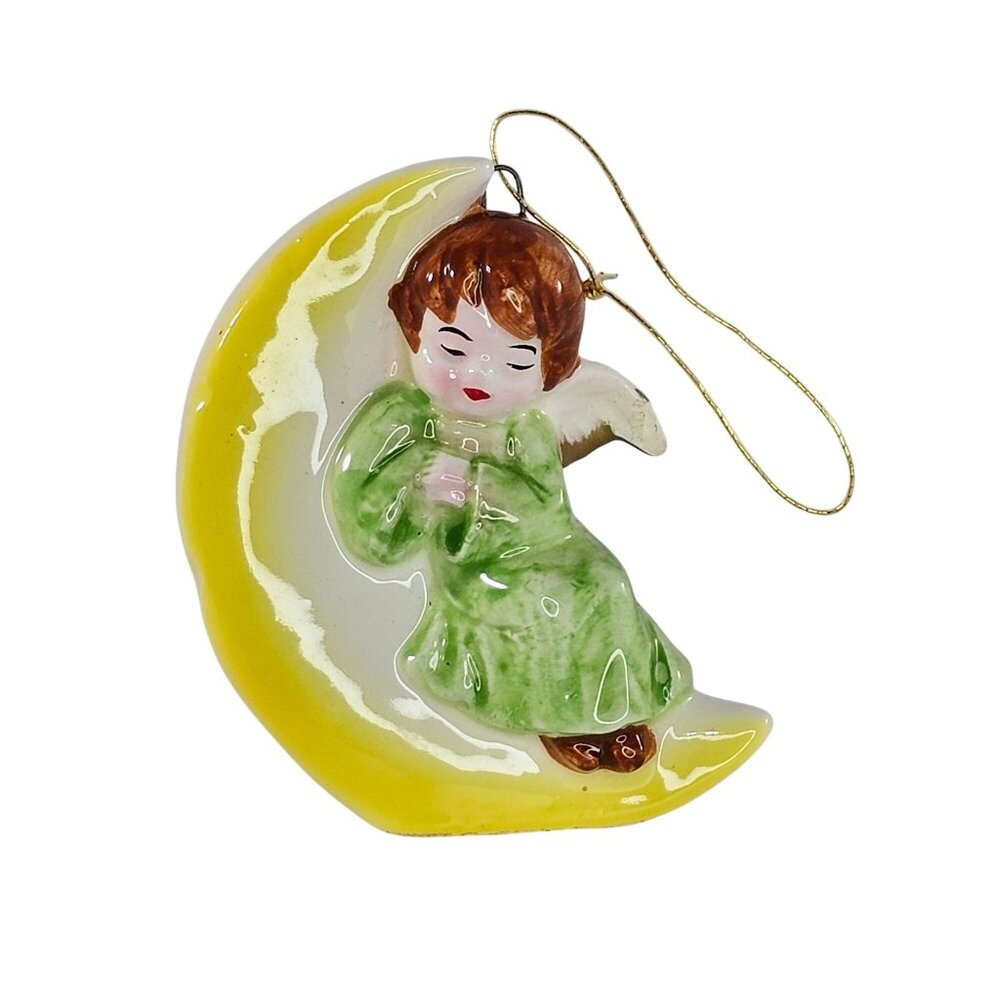 Vintage Pier 1 Japan Ceramic Angel Sleeping On Moon Christmas Ornament *Chip*